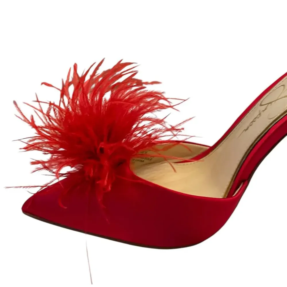 Jessica Simpson Wolistie Ankle Strap Dress Pumps Red Feather Pom Pom Size 6 NEW